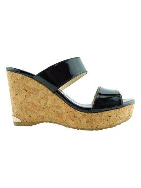 JIMMY CHOO Black Patent Leather Cork Wedge Heel Slide Sandals 38